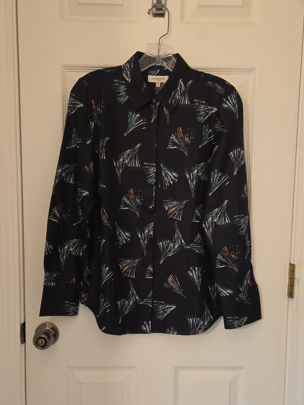 Lafayette 148 New York Navy Button-Down Shirt with Teal & Orange Fan Print